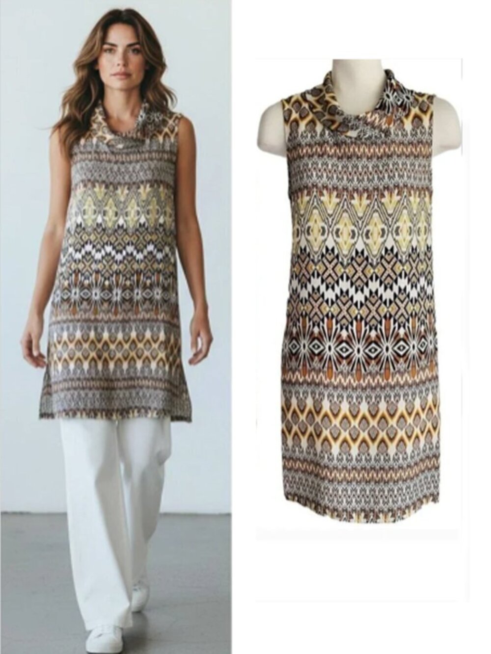 SPENSE Retro Printed Longline Tunic High Low Hem with Deep Vents Size L